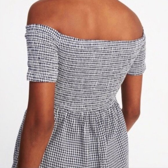 Old Navy Button Off The Shoulder Smocked Blouse Peasant Top Blue Plaid Size XXL - Picture 2 of 7